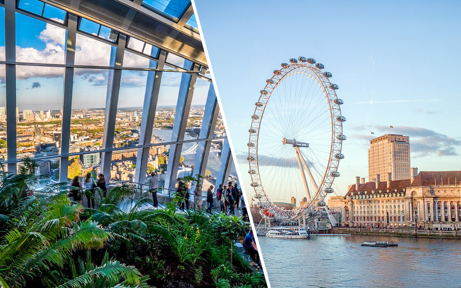 Sky Garden deck view of London skyline and London Eye.