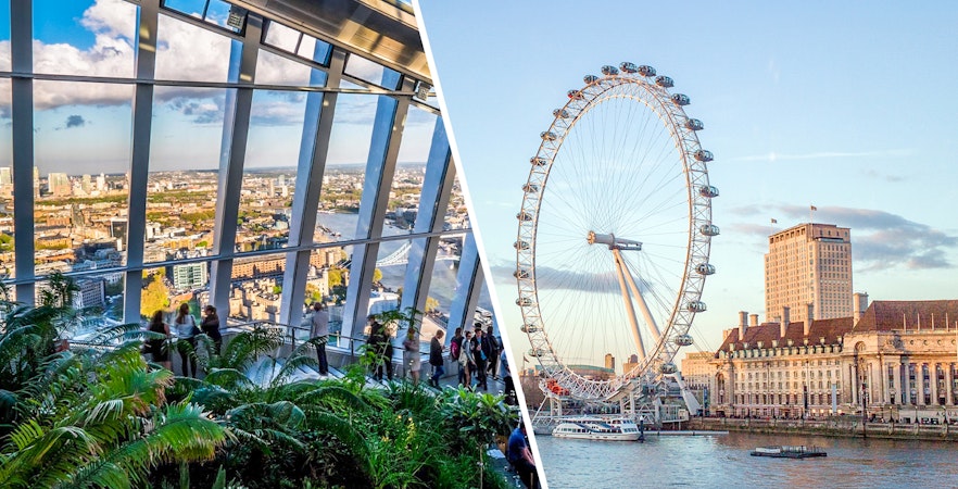 Sky Garden deck view of London skyline and London Eye.