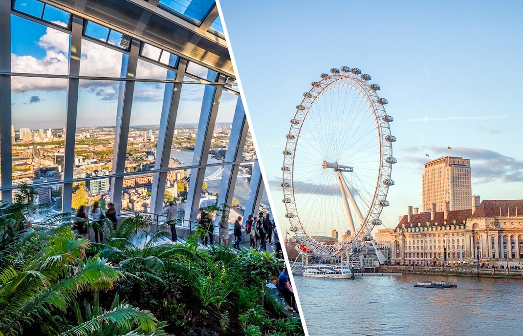 Sky Garden deck view of London skyline and London Eye.