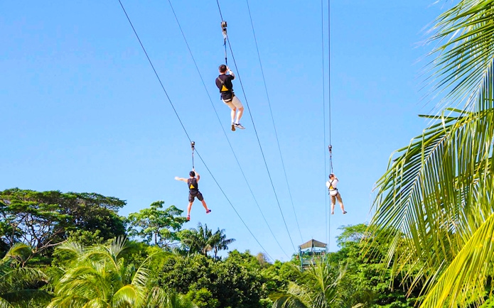 Visitors ziplining over lush greenery at Mega Adventure Park, Singapore.