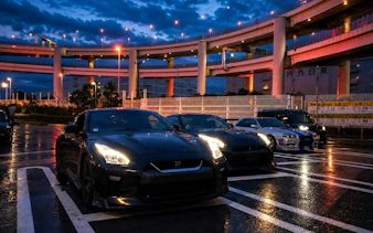 Cars parked at Daikoku PA under illuminated highway, Tokyo Drift JDM Culture Tour.