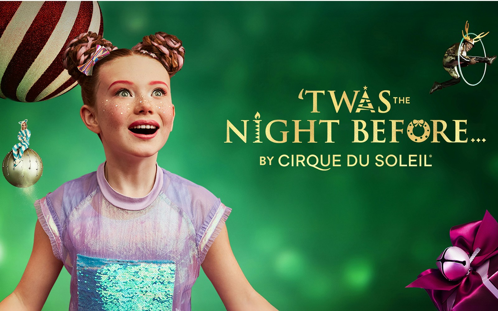 Cirque du Soleil 'Twas The Night Before poster with excited child and festive elements.
