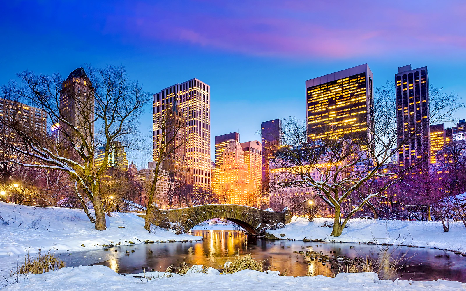 Gapstow Bridge in Central Park during winter with city skyline in the background.