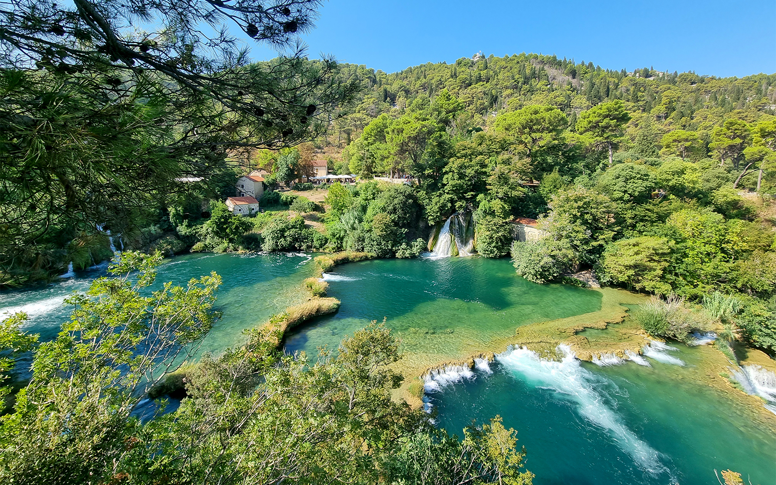Krka National Park waterfalls cascading from a viewpoint in Croatia.