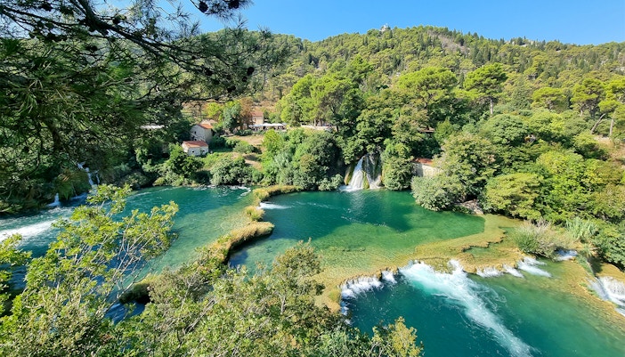 Krka National Park waterfalls cascading from a viewpoint in Croatia.