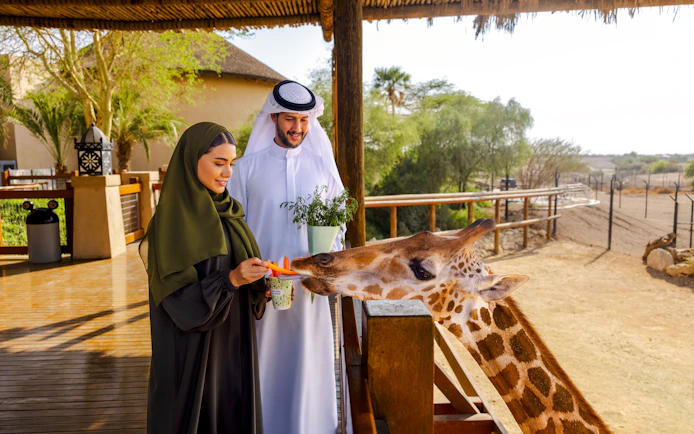Visitors feeding a giraffe at Al Ain Zoo.