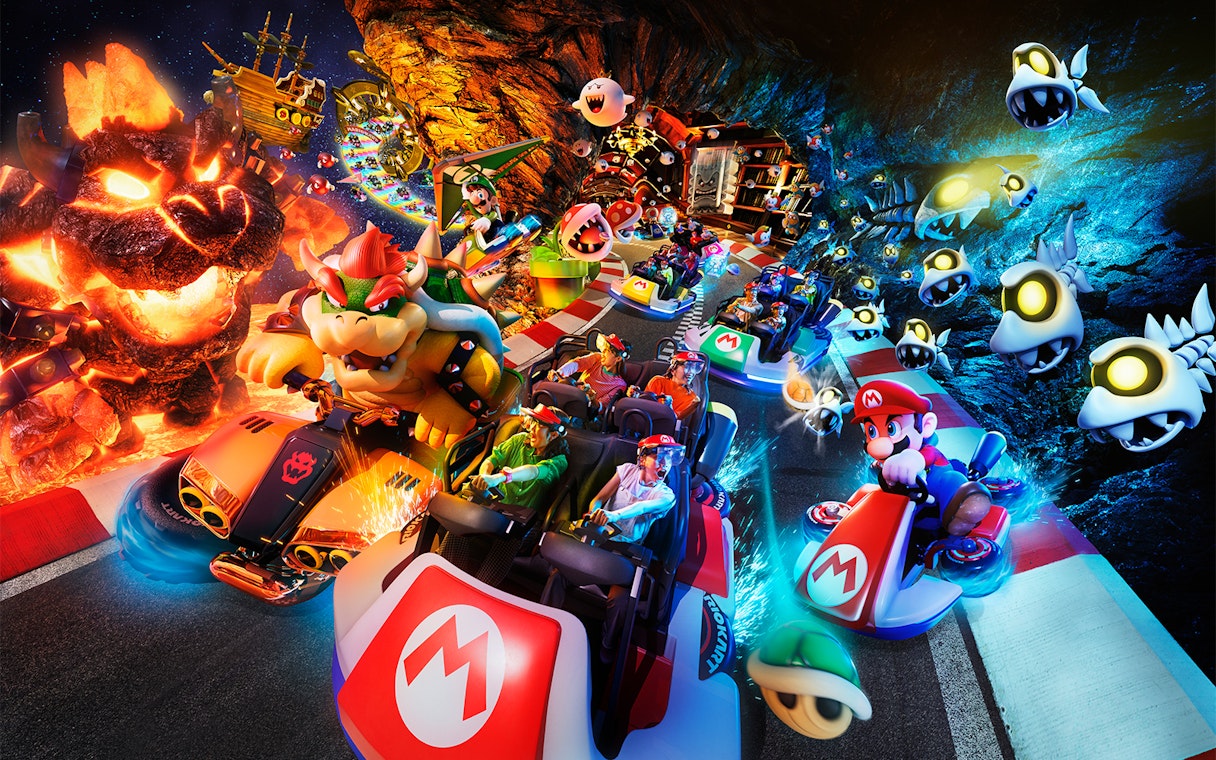 Characters racing in karts at Universal Studios Japan's NO LIMIT! Countdown 2025 event.