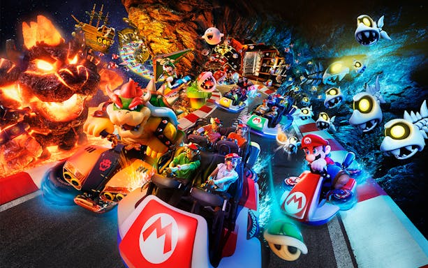 Characters racing in karts at Universal Studios Japan's NO LIMIT! Countdown 2025 event.