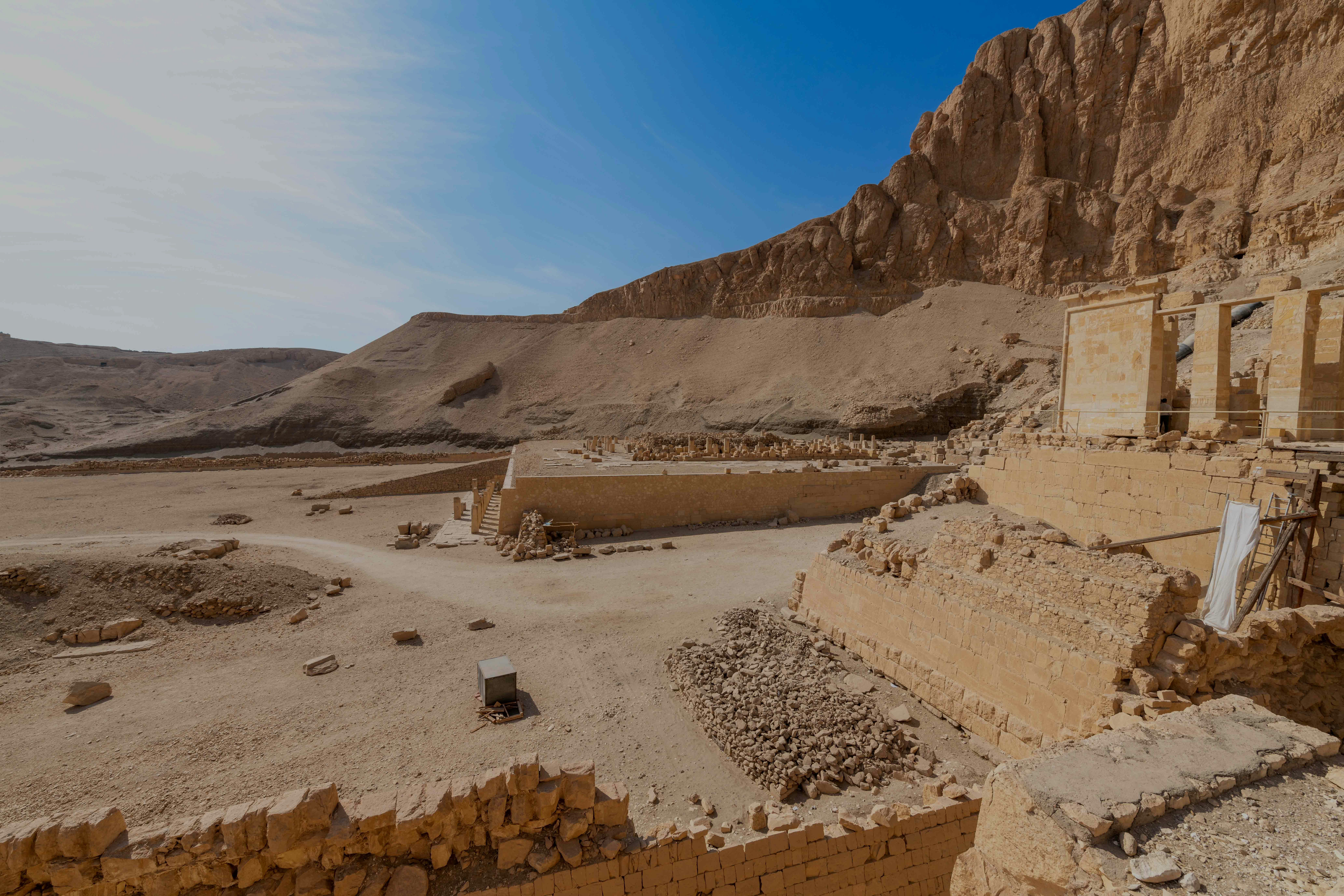 Valley Temple ruins with desert landscape in the background, Egypt.