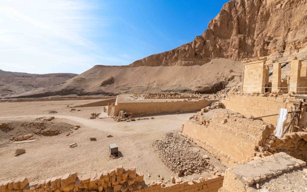 Valley Temple ruins with desert landscape in the background, Egypt.