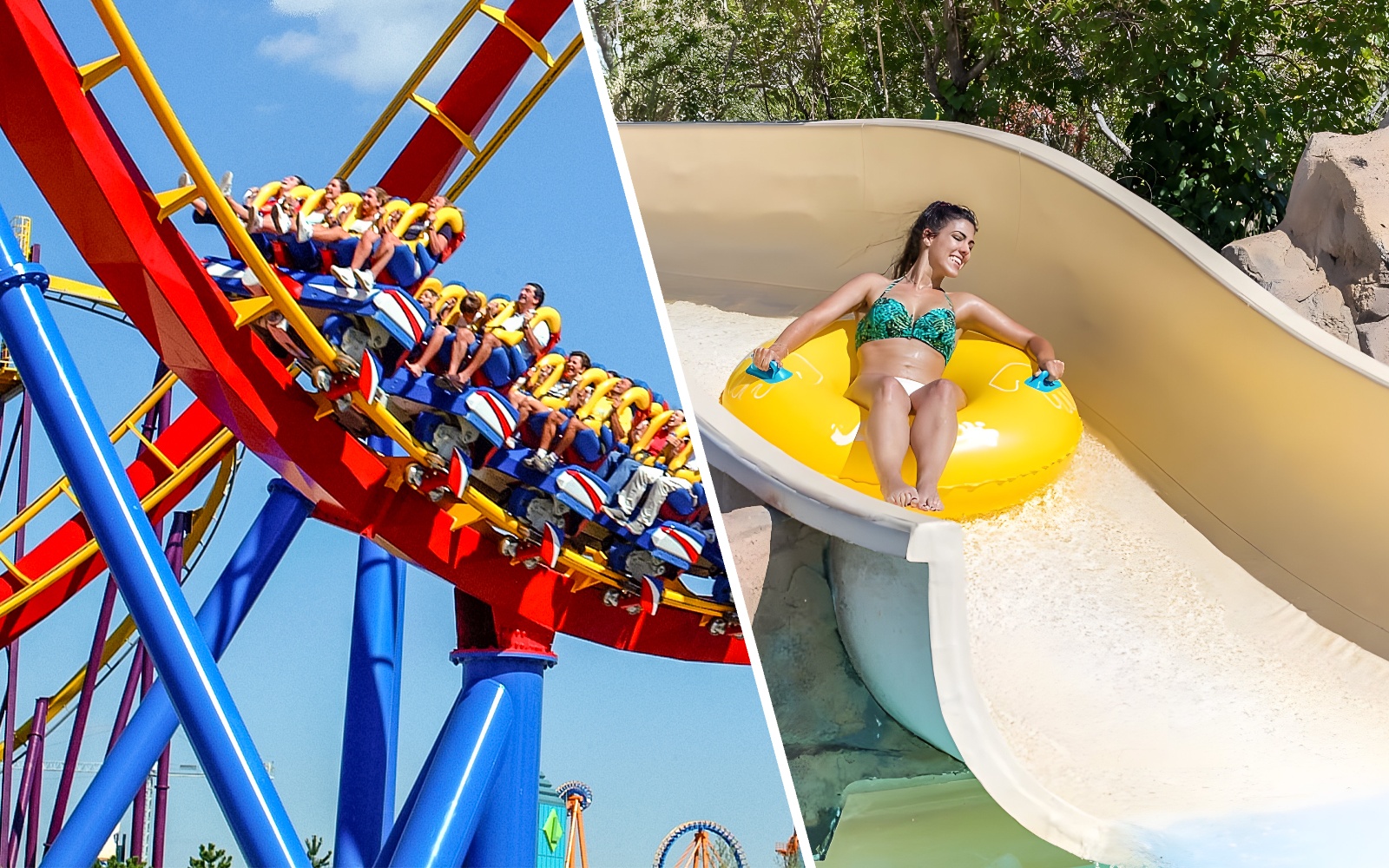 Rio Bravo slide at Aquopolis Villanueva de la Cañada with person on yellow raft.