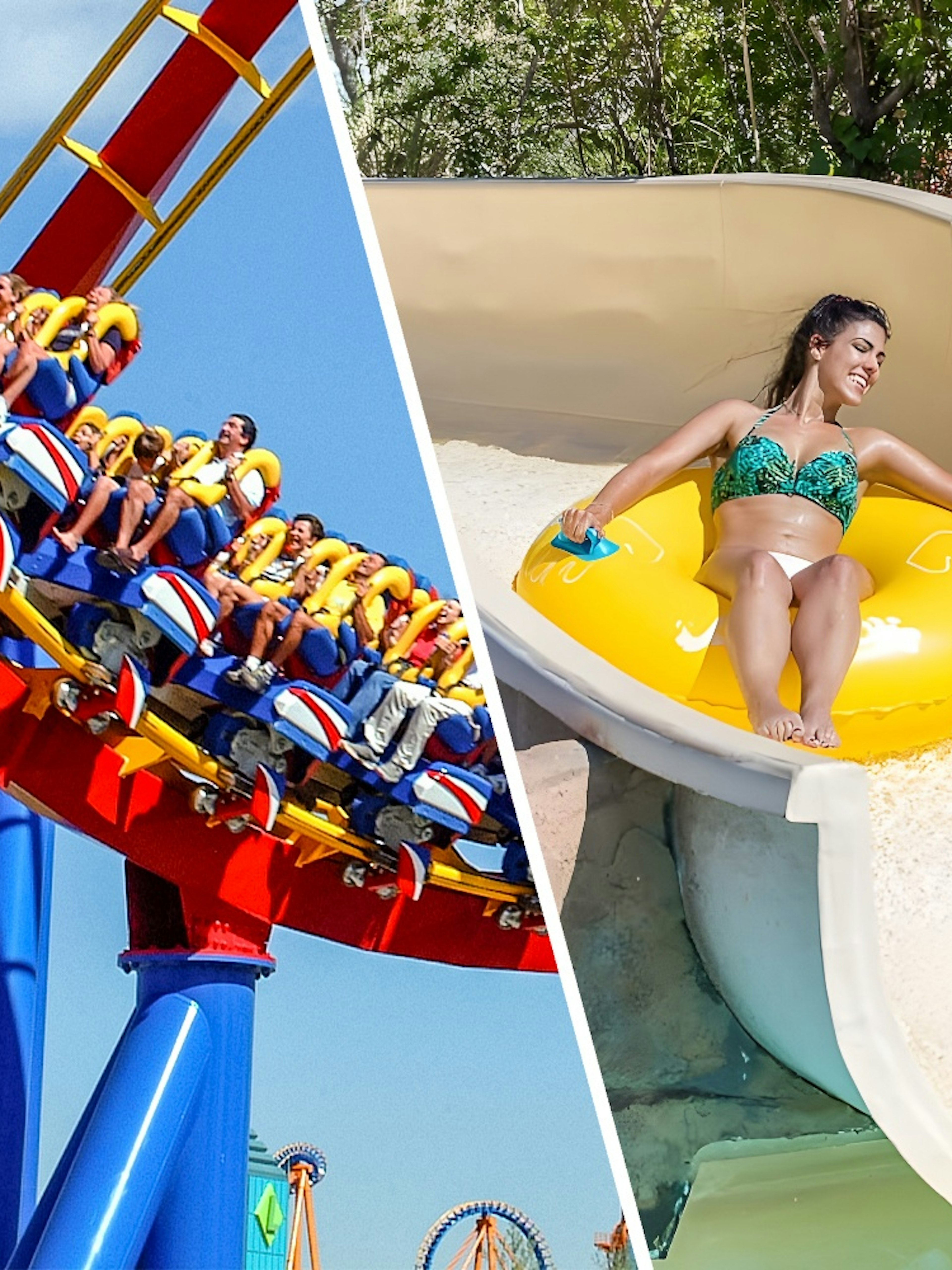 Rio Bravo slide at Aquopolis Villanueva de la Cañada with person on yellow raft.