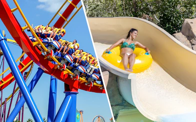 Rio Bravo slide at Aquopolis Villanueva de la Cañada with person on yellow raft.