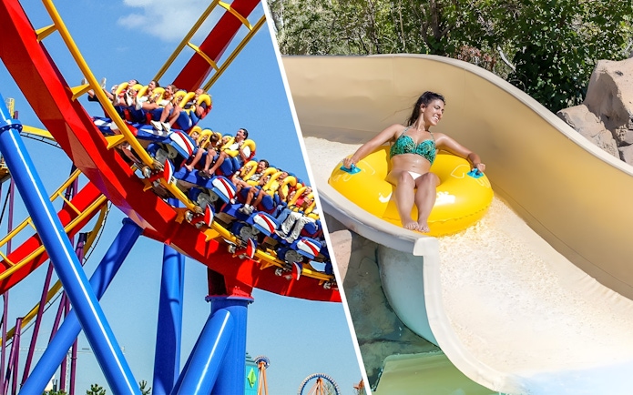 Rio Bravo slide at Aquopolis Villanueva de la Cañada with person on yellow raft.
