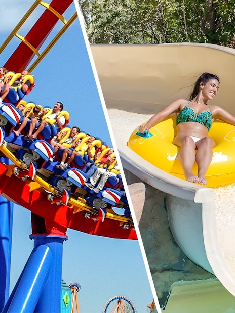Rio Bravo slide at Aquopolis Villanueva de la Cañada with person on yellow raft.