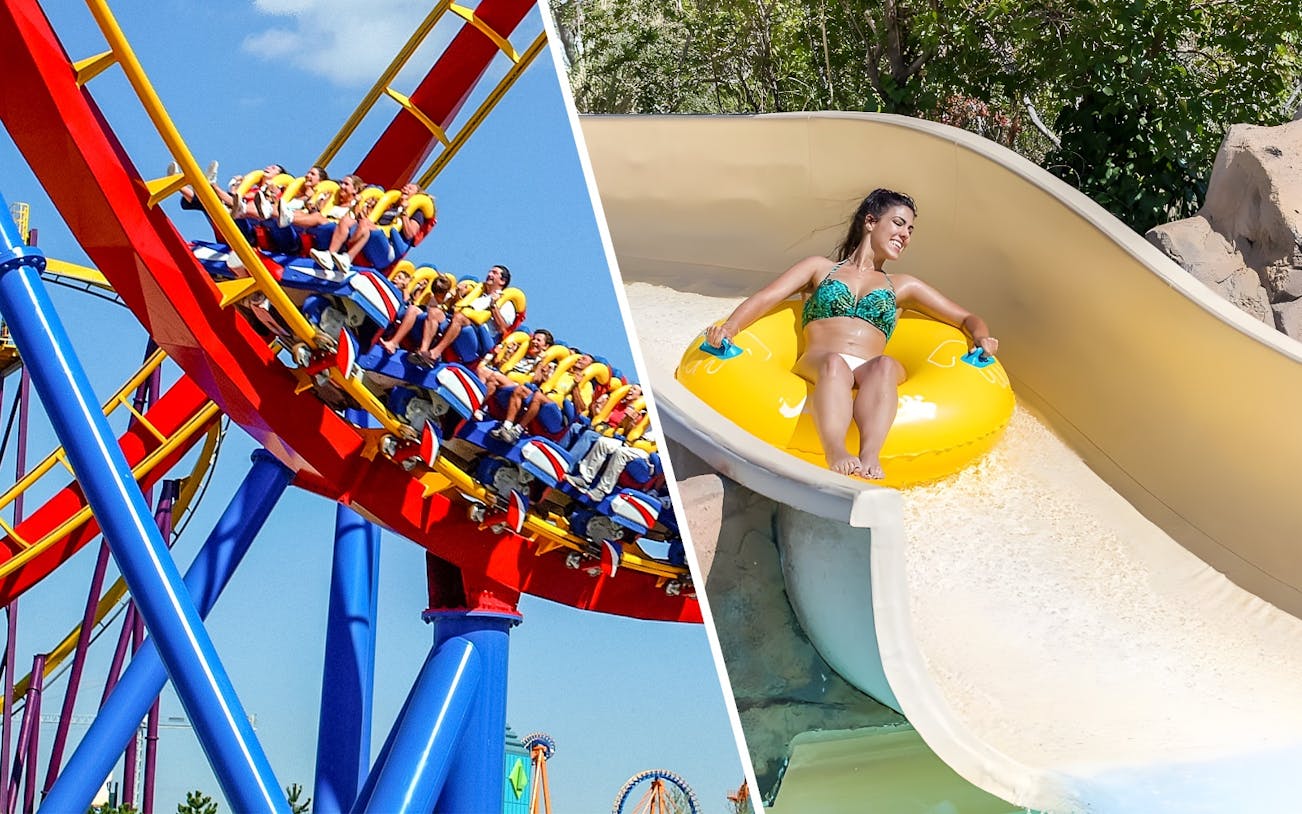 Rio Bravo slide at Aquopolis Villanueva de la Cañada with person on yellow raft.