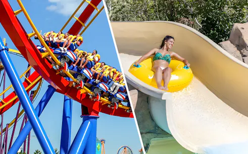 Rio Bravo slide at Aquopolis Villanueva de la Cañada with person on yellow raft.