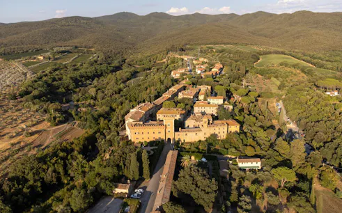 Aerial view of Bolgheri village surrounded by vineyards and hills, Tuscany, Italy.