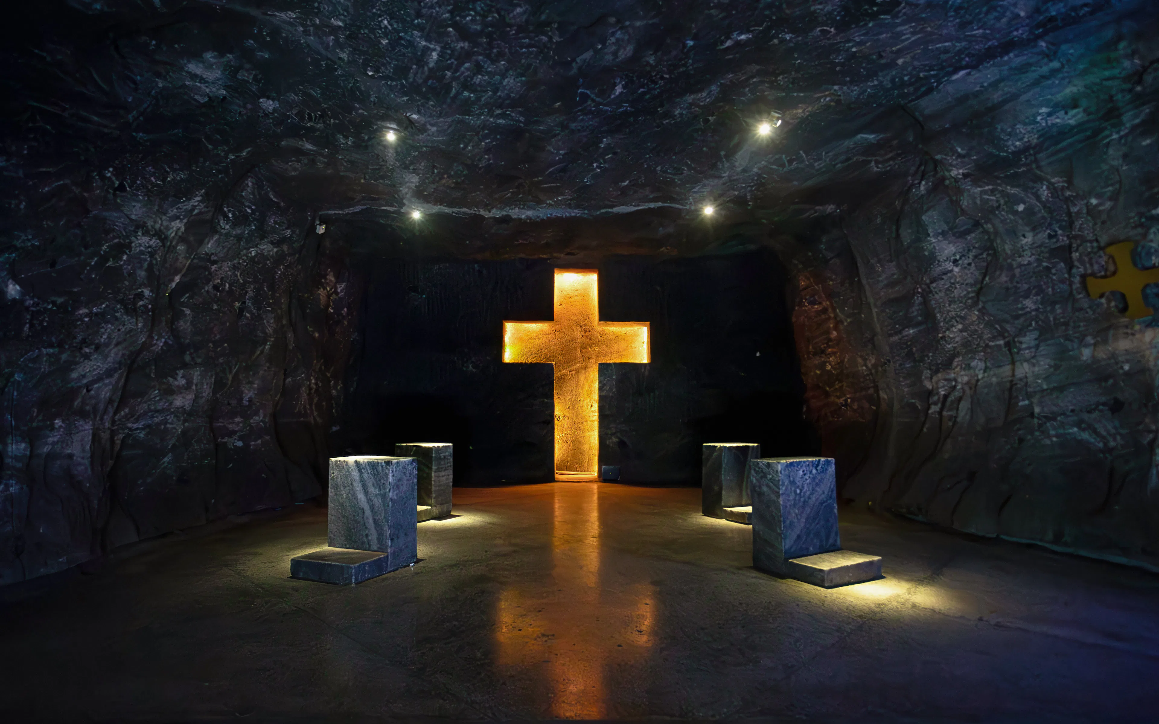 Underground illuminated cross at Salt Cathedral of Zipaquira, Colombia.