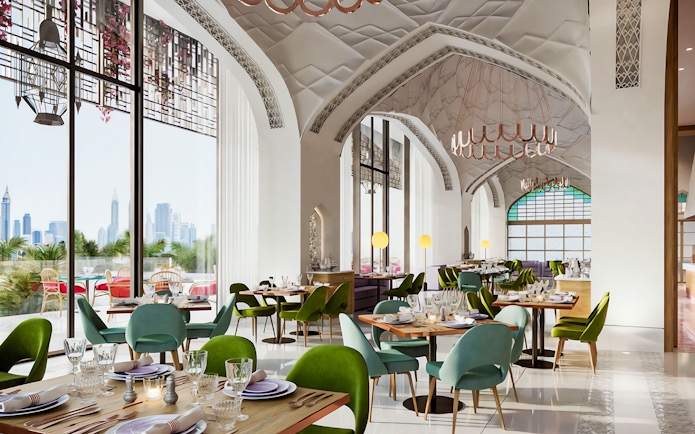 Arianas Persian Kitchen dining area with elegant decor and city skyline view.