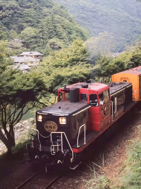 Sagano Romantic Train passing through lush greenery in Kyoto, Japan.