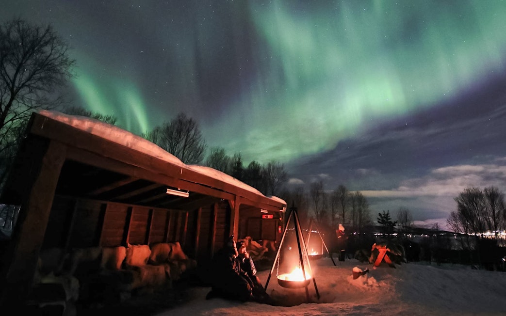Traditional Gamme hut with Northern lights in Tromso, Norway, viewed from a snowy landscape.