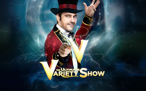 Performer in top hat with wand promoting V - The Ultimate Variety Show.