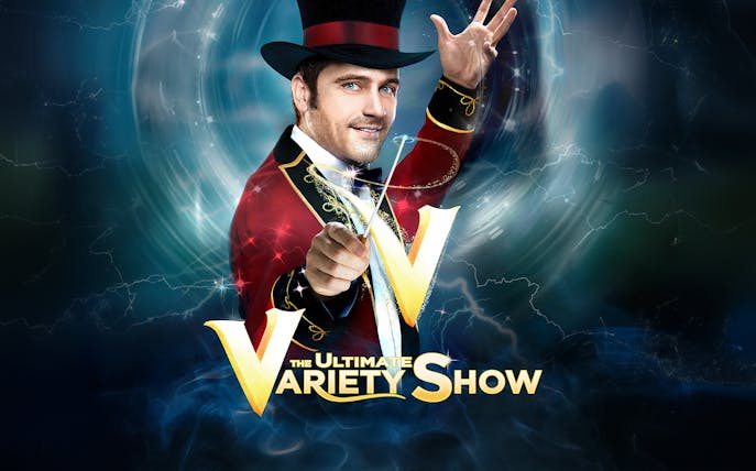 Performer in top hat with wand promoting V - The Ultimate Variety Show.