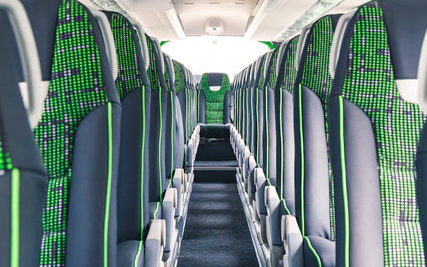 Interior of a passenger bus for Rome Fiumicino Airport to Siena route.