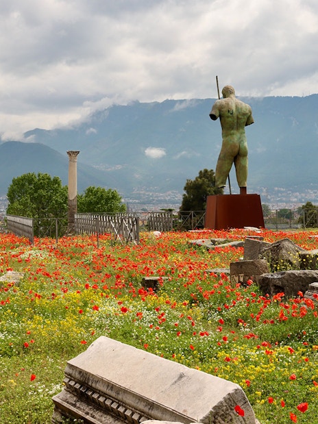 Ancient ruins and statue in a field of poppies, Pompeii with mountains in the background.