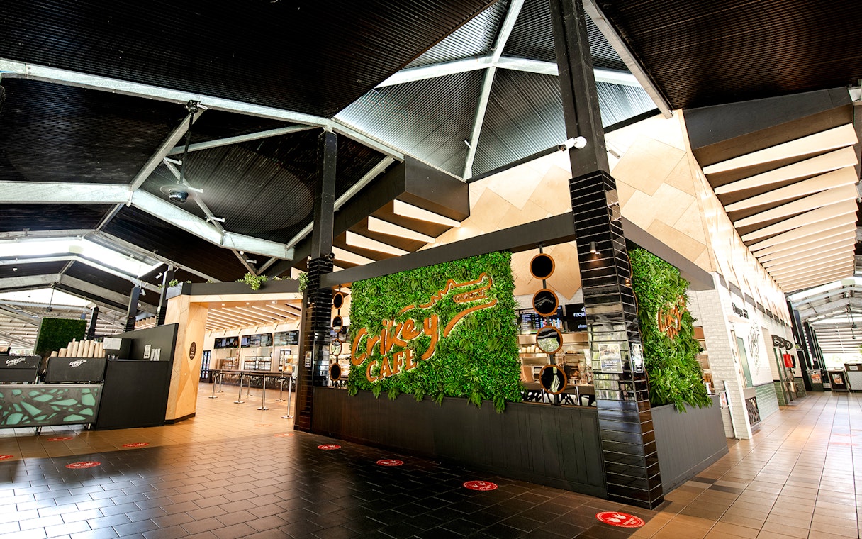 Crikey Cafe entrance at Australia Zoo with green plant wall and modern interior.