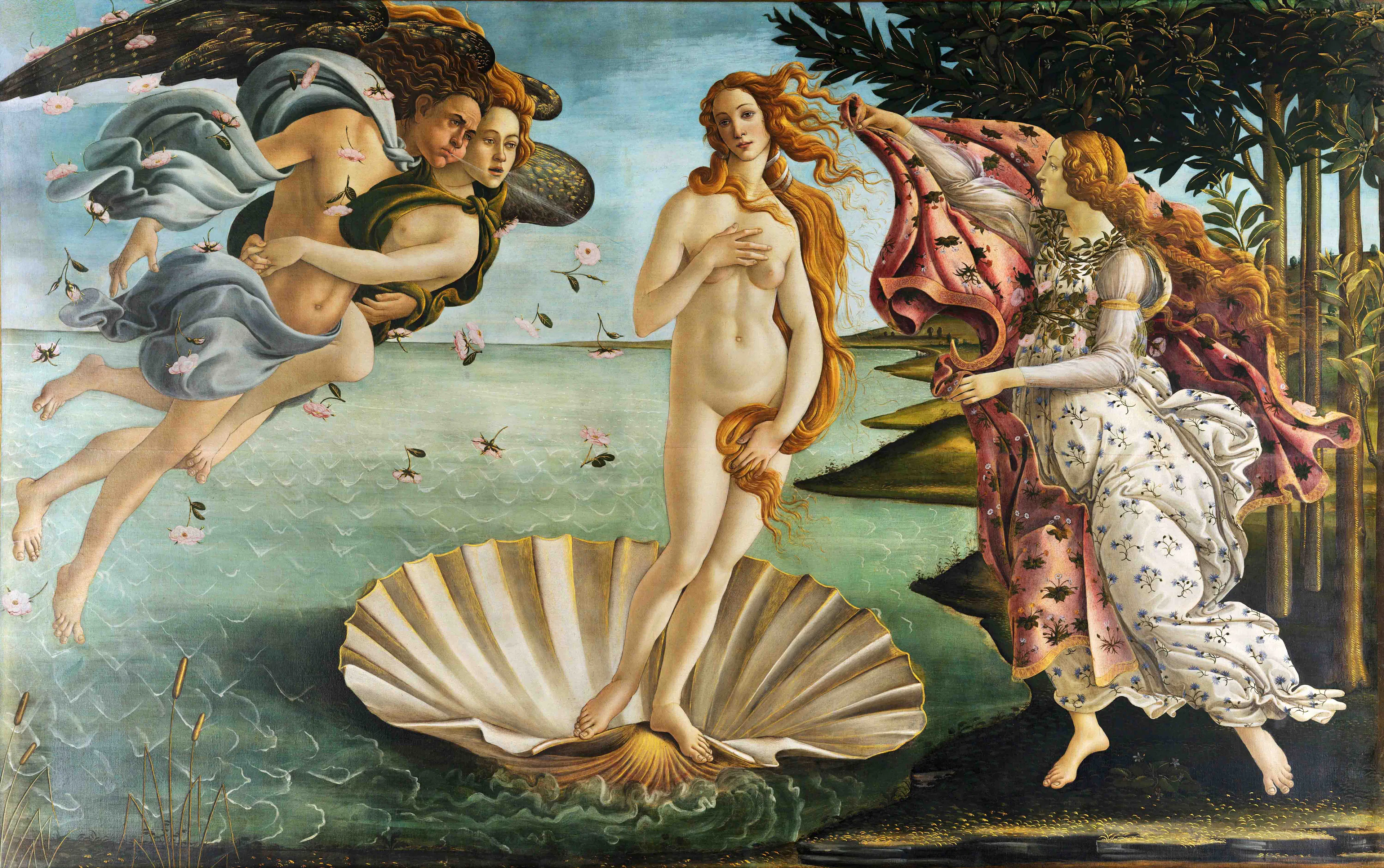 Venus stands on a shell in the sea, surrounded by figures and flowers, in Botticelli's painting.