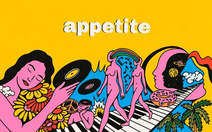 Colorful abstract art with musical notes, records, and figures at Club Chinois event.