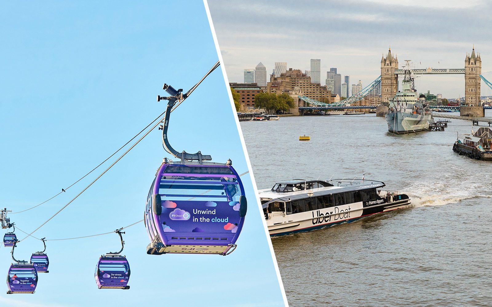 IFS Cloud Cable Car over London and Uber Boat on Thames River with Tower Bridge in view.