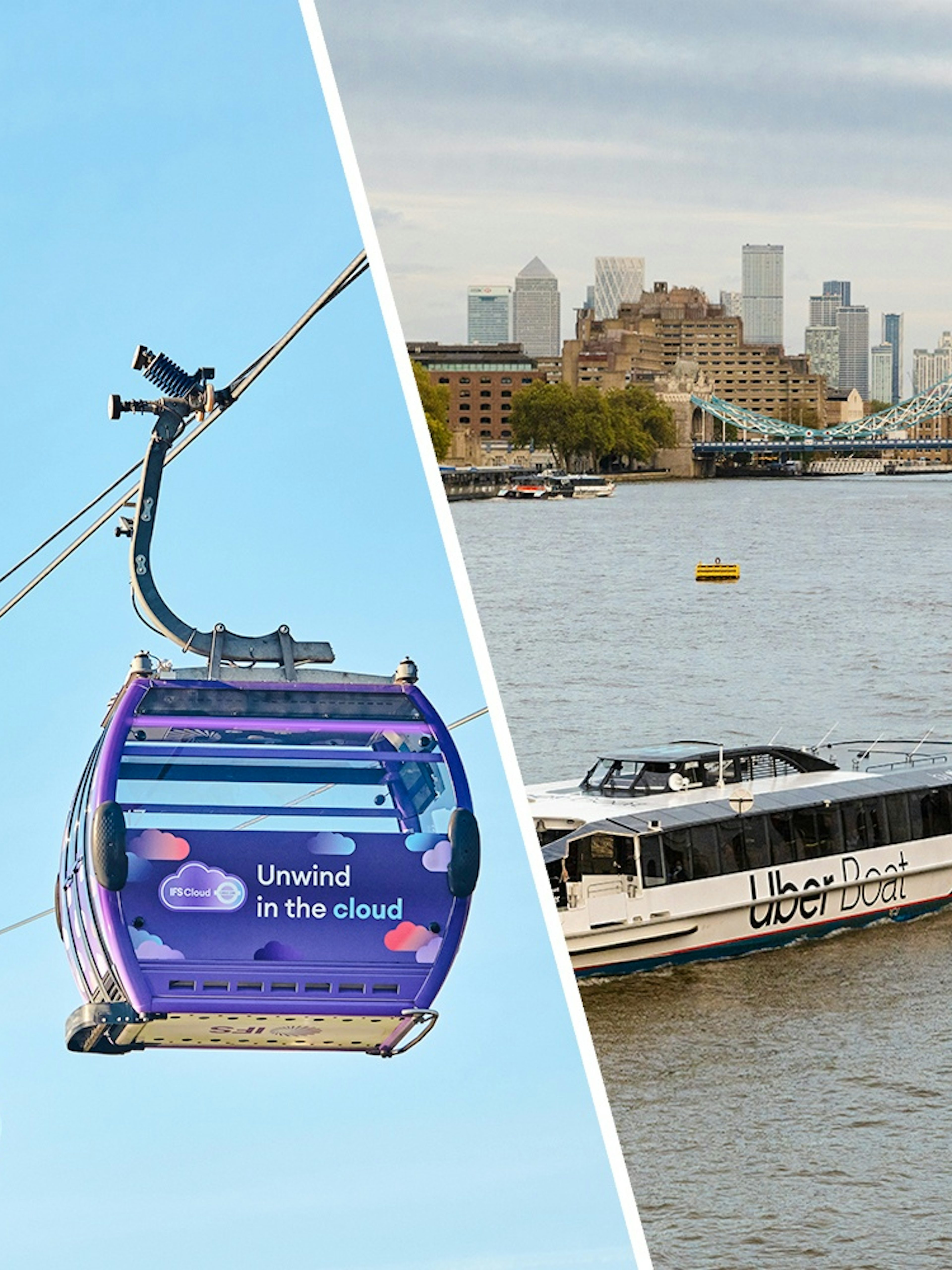 IFS Cloud Cable Car over London and Uber Boat on Thames River with Tower Bridge in view.