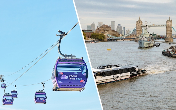 IFS Cloud Cable Car over London and Uber Boat on Thames River with Tower Bridge in view.