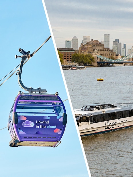 IFS Cloud Cable Car over London and Uber Boat on Thames River with Tower Bridge in view.