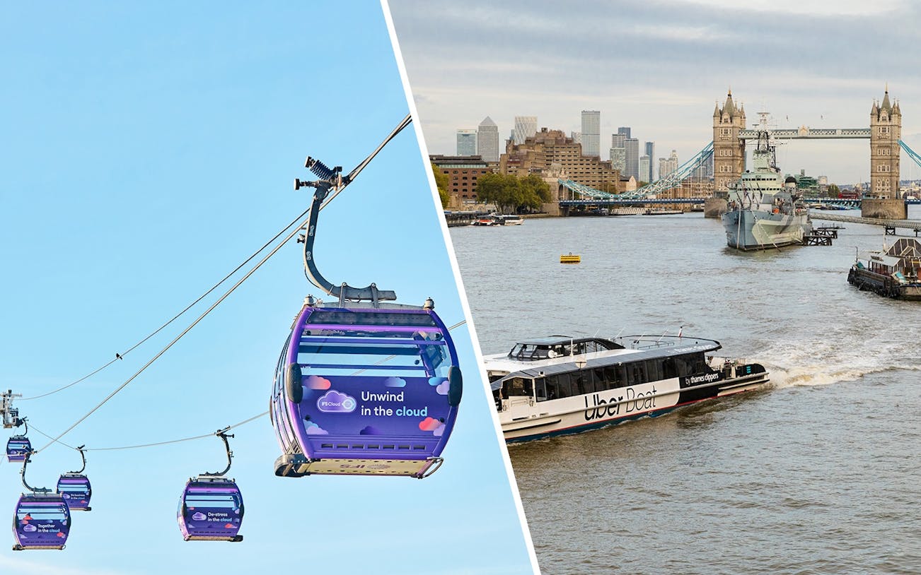 IFS Cloud Cable Car over London and Uber Boat on Thames River with Tower Bridge in view.
