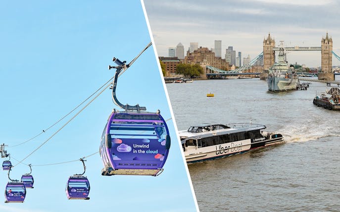 IFS Cloud Cable Car over London and Uber Boat on Thames River with Tower Bridge in view.