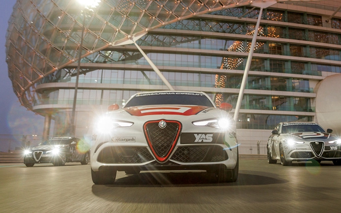 Alfa Romeo Giulia Quadrifoglio racing at Yas Marina Circuit, Abu Dhabi.