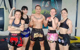 Group of beginners in Muay Thai boxing class, Pattaya gym.