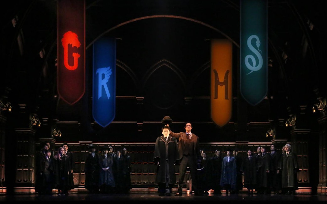 Stage scene from "Harry Potter and the Cursed Child" with house banners and cast.
