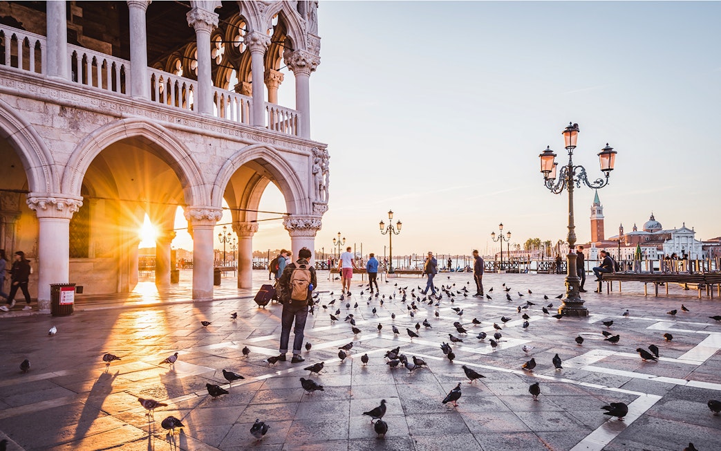 Venice sunrise at St. Mark's Square with people and pigeons, near Doge's Palace.