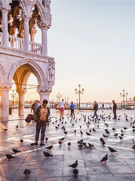 Venice sunrise at St. Mark's Square with people and pigeons, near Doge's Palace.