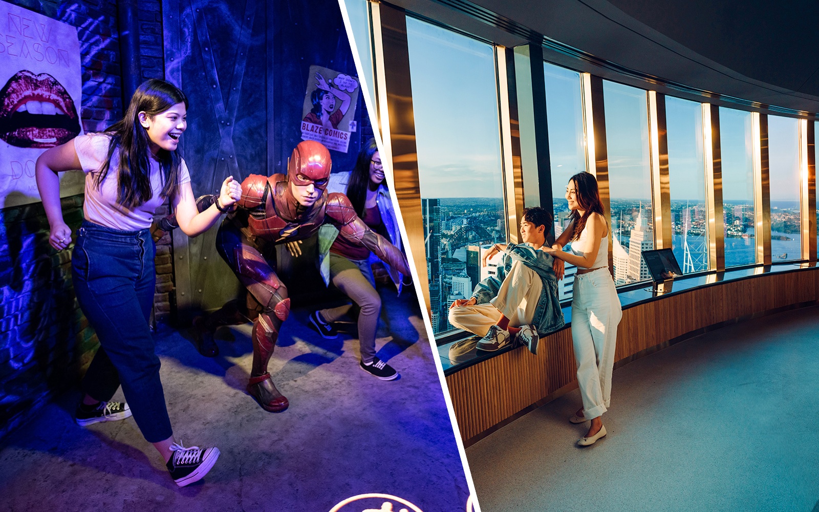 Couple enjoying the view from Sydney Tower Eye observation deck.