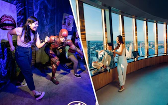 Couple enjoying the view from Sydney Tower Eye observation deck.