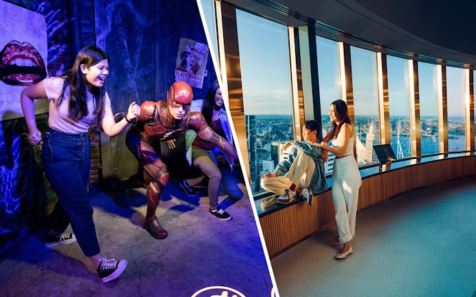 Couple enjoying the view from Sydney Tower Eye observation deck.