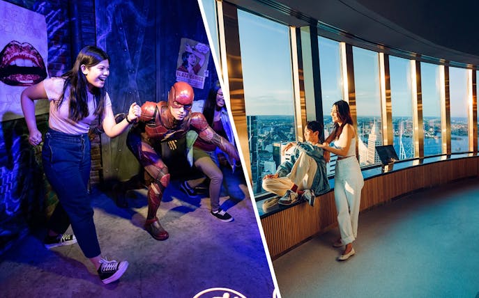Couple enjoying the view from Sydney Tower Eye observation deck.