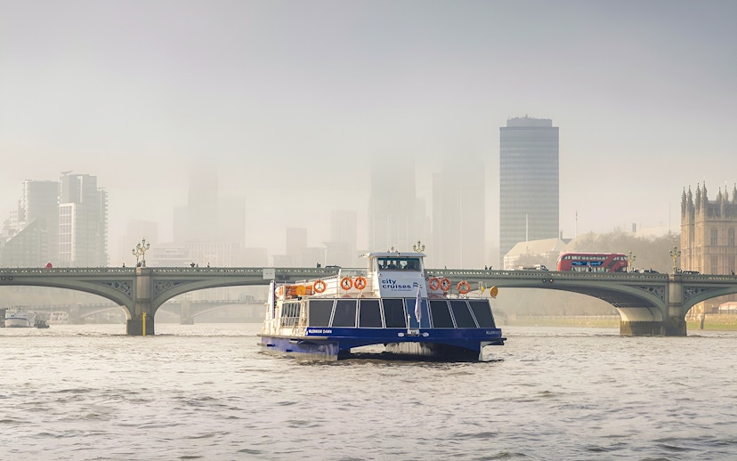 Cruise boat on the Thames River with Westminster Bridge and London skyline in the background.