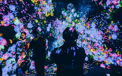 Visitors interacting with digital floral display at TeamLab Borderless Tokyo.